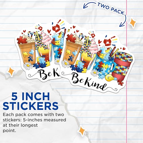 (2 Pack) Be Kind Stickers - Puzzle Piece Stickers - Autism Awareness Stickers - 5" On Longest Side - Sticks to Smooth Flat Surfaces - Made in USA - BMCS5973