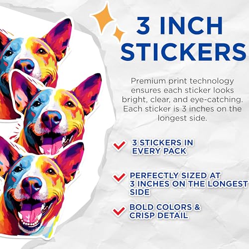 (3 Pack) Colorful Dog Decals - Pop Art Dog Stickers - Laptop Decal - 3 Inches On Longest Side - Easy Peel & Apply - Made in USA - 3MCS0672