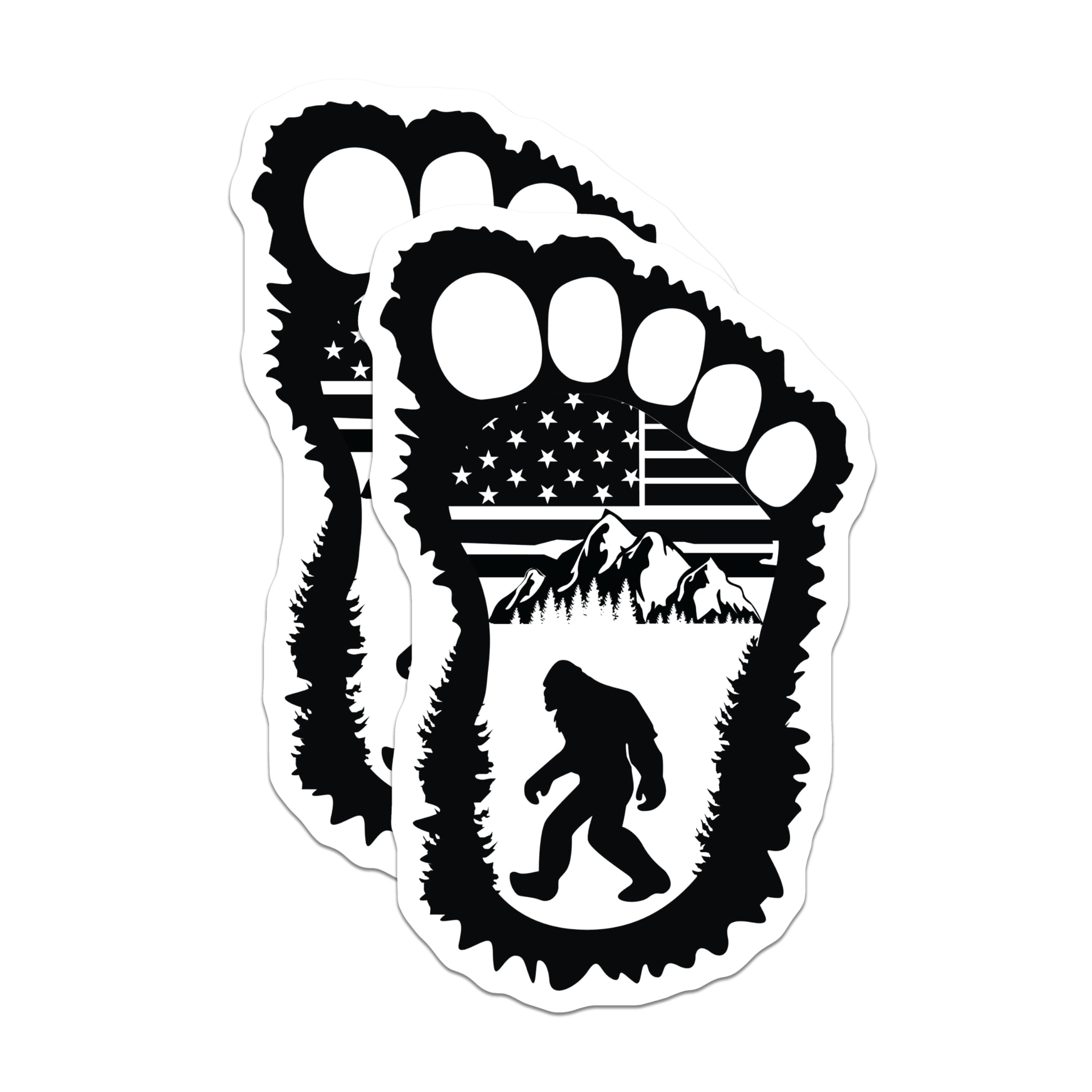 (2 Pack) Bigfoot Footprint Magnets - Sasquatch American Flag Mountains - Outdoor Adventure Decor - 5 Inches On Longest Side - Thick Durable Magnet - Made in USA - MAG22311