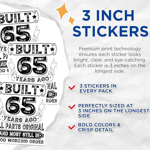 (3 Pack) 65th Birthday Decals - Funny Birthday - Milestone Birthday Decals - 3 Inches On Longest Side - Easy Peel & Apply - Made in USA - 3MCS4760