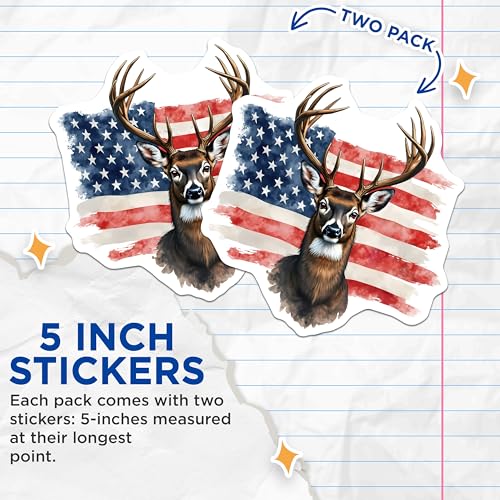 (2 Pack) Deer Head Flag Stickers - Patriotic Decal - American Wildlife Art - 5" On Longest Side - Sticks to Smooth Flat Surfaces - Made in USA - BMCS9829