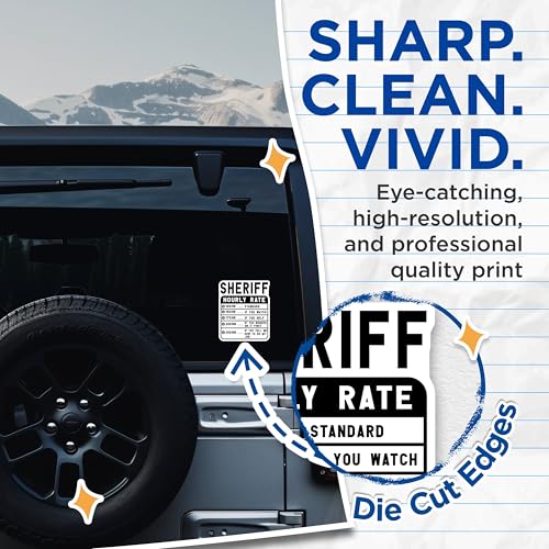 (2 Pack) Sheriff Hourly Rate Stickers - Funny Rate Sign Stickers - Sheriff Office Decor Stickers - 5" On Longest Side - Sticks to Smooth Flat Surfaces - Made in USA - BMCS5030