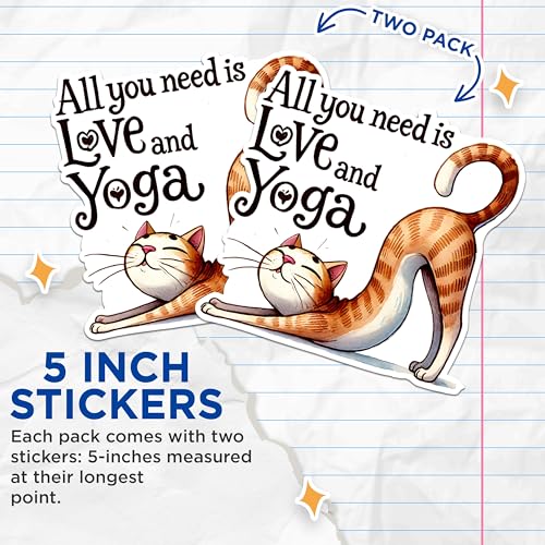 (2 Packs) All You Need is Love and Yoga Cat Stretching Cat Doing Yoga Stickers - Decals - 5 Inches On Longest Side - Premium Vinyl Decal - Sticks to Any Smooth Flat Surface - Made in USA - BMCS2423