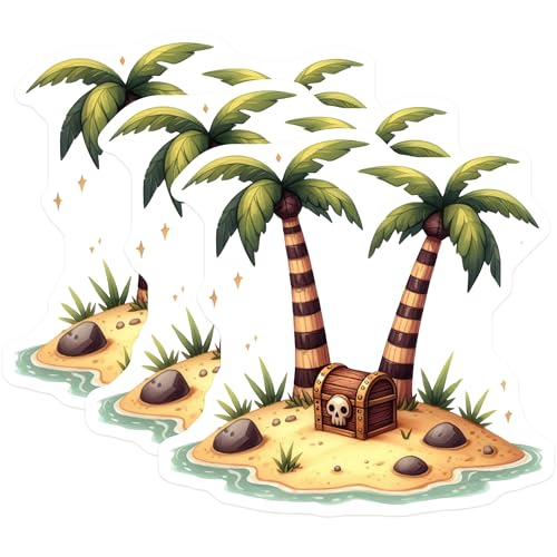 (3 Pack) Treasure Island Decals - Tropical Laptop Decal - Pirate Skull Decal- 3 Inches On Longest Side - Easy Peel & Apply - Made in USA - 3MCS5561