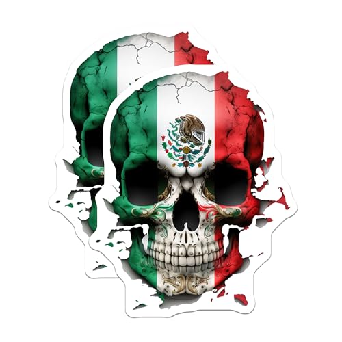 (2 Pack) Mexican Skull Stickers - Day of The Dead Stickers - Mexican Flag Skull Stickers - Dia de Los Muertos Stickers - 5" On Longest Side - Sticks to Smooth Flat Surfaces - Made in USA - BMCS5167