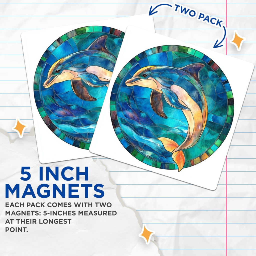 (2 Pack) Stained Glass Dolphin Magnets - Ocean Animal Decor - Marine Life Fridge Art - 5 Inches On Longest Side - Thick Durable Magnet - Made in USA - MAG30554