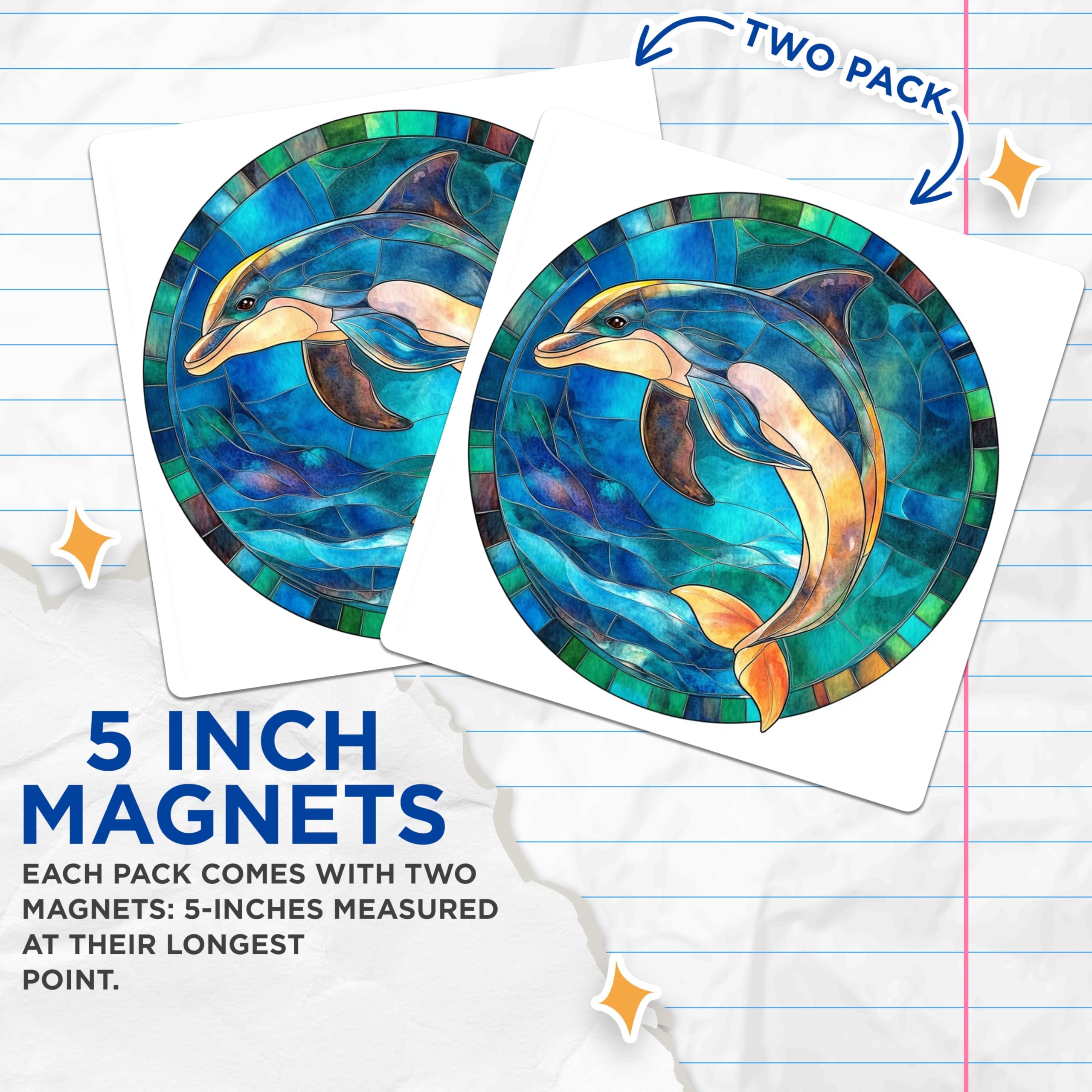 (2 Pack) Stained Glass Dolphin Magnets - Ocean Animal Decor - Marine Life Fridge Art - 5 Inches On Longest Side - Thick Durable Magnet - Made in USA - MAG30554