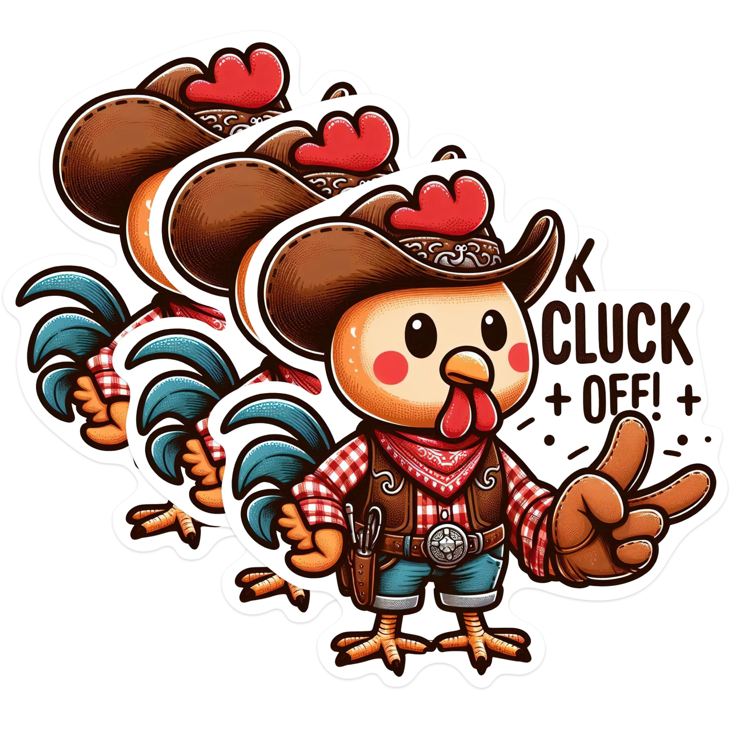 (3 Pack) Funny Chicken Decals - Cowboy Rooster Cluck Off - Laptop Decals - 3 Inches On Longest Side - Easy Peel & Apply - Made in USA - 3MCS0225