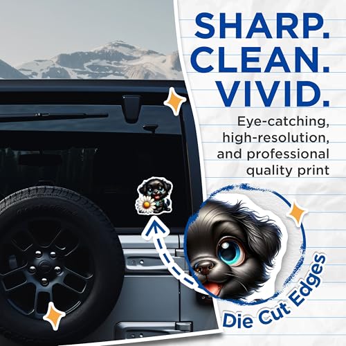 (2 Pack) Cute Black Puppy Stickers - Puppy with Daisy - Adorable Dog Stickers - 5" On Longest Side - Sticks to Smooth Flat Surfaces - Made in USA - BMCS9397
