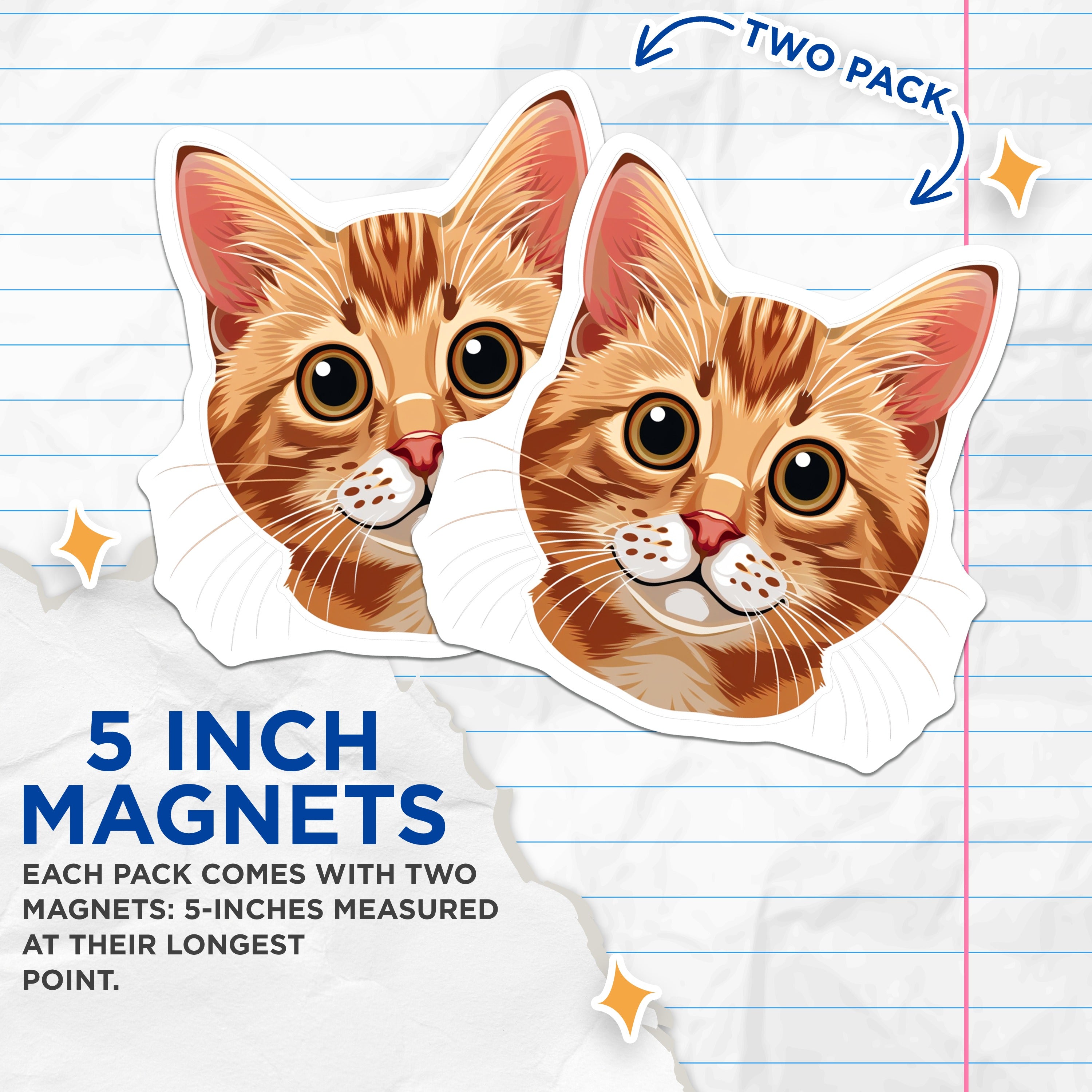 (2 Pack) Orange Tabby Cat Magnets - Cute Cat Face Decor - Pet Lover Fridge Art - 5 Inches On Longest Side - Thick Durable Magnet - Made in USA - MAG39559