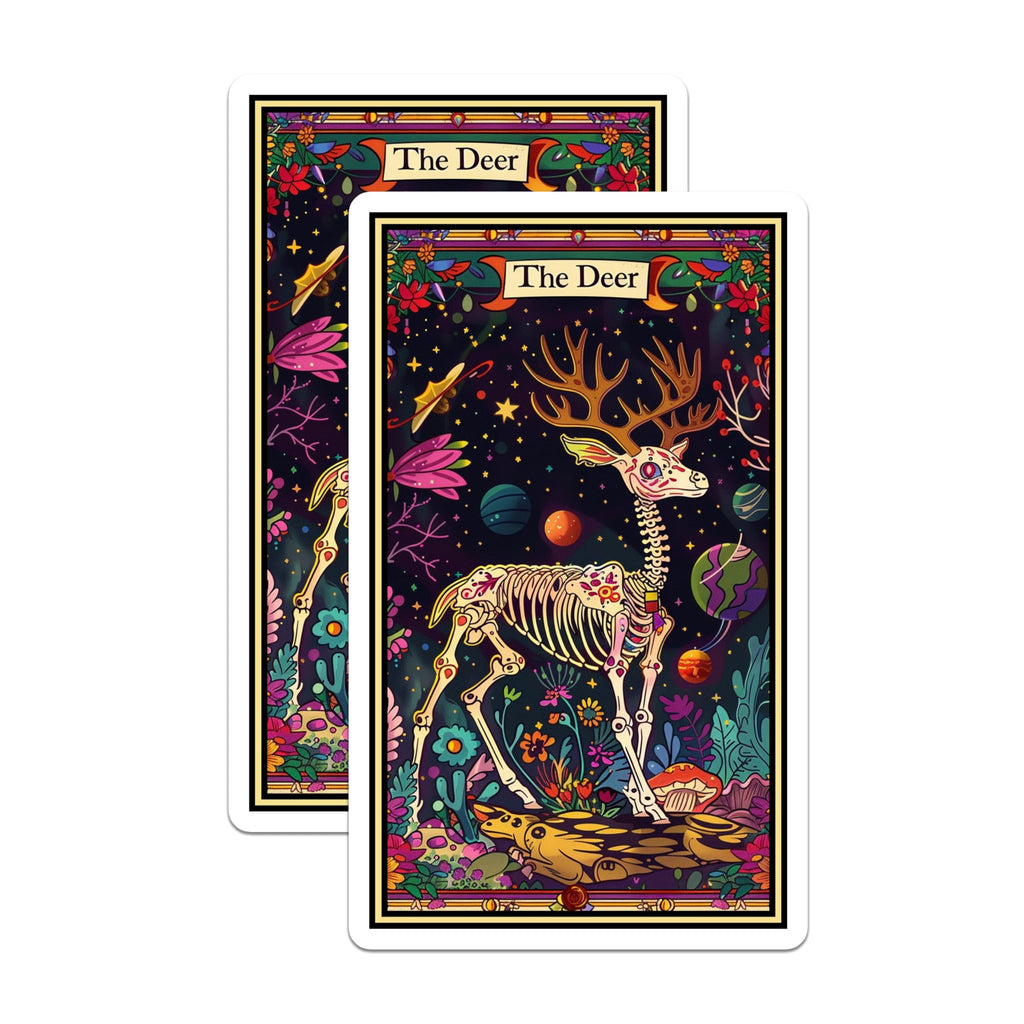 (2 Pack) The Deer Skeleton Stickers - Colorful Animal Artwork Stickers - Vibrant Cosmic Design Stickers - 5" On Longest Side - Sticks to Smooth Flat Surfaces - Made in USA - BMCS3654