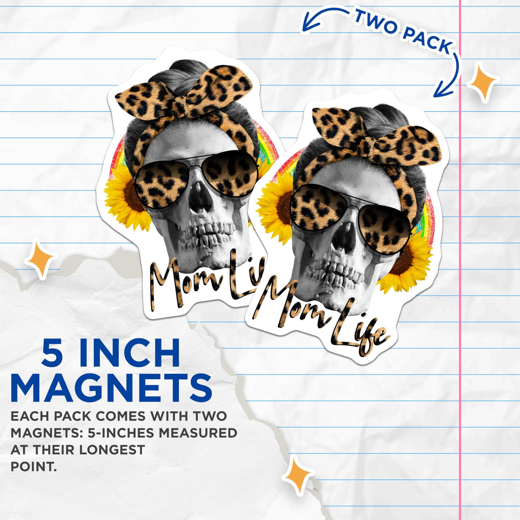 (2 Pack) Mom Life Skull Magnets - Leopard Print Rainbow - Sunflower Magnets - 5" On Longest Side - Premium Magnet - for Cars, Refrigerators, Toolboxes, Lockers - Made in USA - MAG18731