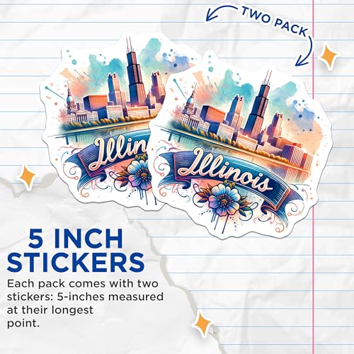 (2 Pack) Illinois Skyline Stickers - State Pride Decal - Vibrant Cityscape Art - 5" On Longest Side - Sticks to Smooth Flat Surfaces - Made in USA - BMCS6942