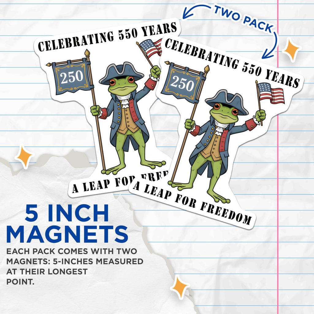 (2 Pack) Colonial Frog Magnets - Patriotic American Flag - 250th Anniversary Freedom Leap - 5 Inches On Longest Side - Thick Durable Magnet - Made in USA - MAG28275
