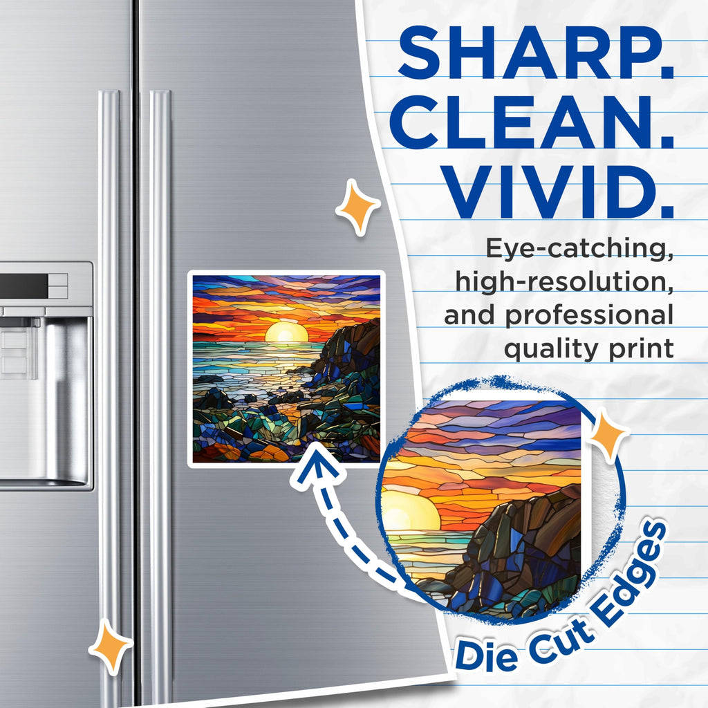 (2 Pack) Stained Glass Ocean Sunset Magnets - Mosaic Coastal Scene - Artistic Seascape Decoration - Refrigerator Accent - 5 Inches On Longest Side - Thick Durable Magnet - Made in USA - MAG24797