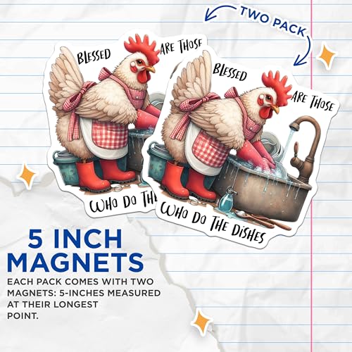 (2 Pack) Blessed Dishes Magnets - Kitchen - Funny Chicken Cleaning - Farmhouse Style - 5" On Longest Side - for Cars, Fridges, Toolboxes - Made in USA - MAG4502