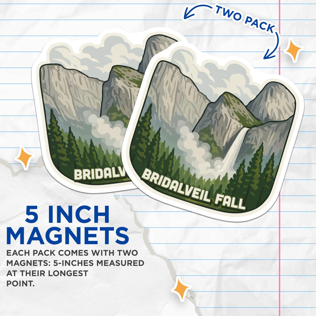 (2 Pack) Bridalveil Fall Magnets - Yosemite National Park Travel - California Waterfall Nature - 5 Inches On Longest Side - Thick Durable Magnet - Made in USA - MAG20131