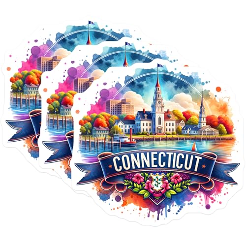 (3 Pack) Connecticut Decals - State Pride Stickers - Laptop Decal- 3 Inches On Longest Side - Easy Peel & Apply - Made in USA - 3MCS5555