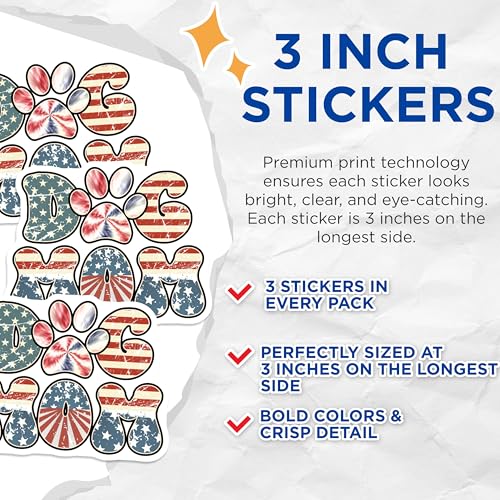 (3 Pack) Dog Mom Decals - Patriotic USA Flag - American Dog Paw - 3 Inches On Longest Side - Easy Peel & Apply - Made in USA - 3MCS4803