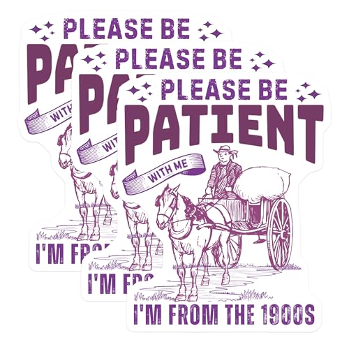 (3 Pack) Please Be Patient Decals - 1900s Horse Cart - Funny Retro Decals - 3 Inches On Longest Side - Easy Peel & Apply - Made in USA - 3MCS2322