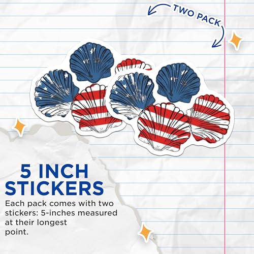 (2 Pack) Coastal Patriotic Shell Stickers - Beach Shell Decal - American Flag Theme - 5" On Longest Side - Sticks to Smooth Flat Surfaces - Made in USA - BMCS8970
