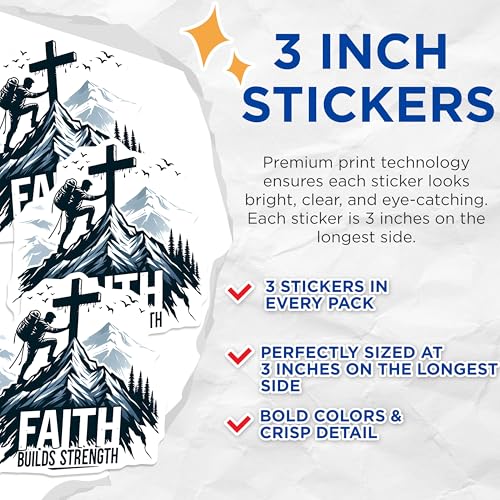 (3 Pack) Faith Builds Strength Decals - Christian Decal - Mountain Climbing Decal - 3 Inches On Longest Side - Easy Peel & Apply - Made in USA - 3MCS8408
