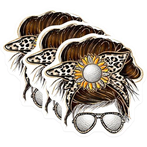 (3 Pack) Golf Mom Decals - Messy Bun Golfer - Sunflower Leopard Print Laptop Decal - 3 Inches On Longest Side - Easy Peel & Apply - Made in USA - 3MCS4969