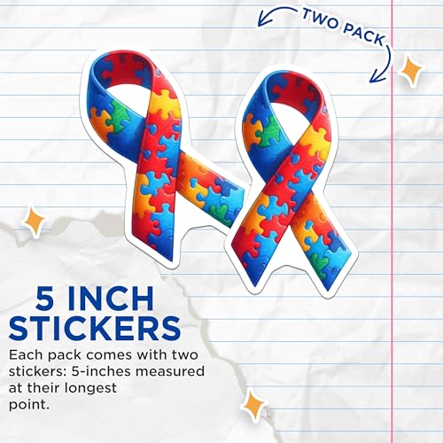 (2 Pack) Puzzle Piece Awareness Stickers - Autism Awareness - Support Stickers - Awareness Ribbon Decal - 5" On Longest Side - Sticks to Smooth Flat Surfaces - Made in USA - BMCS6849