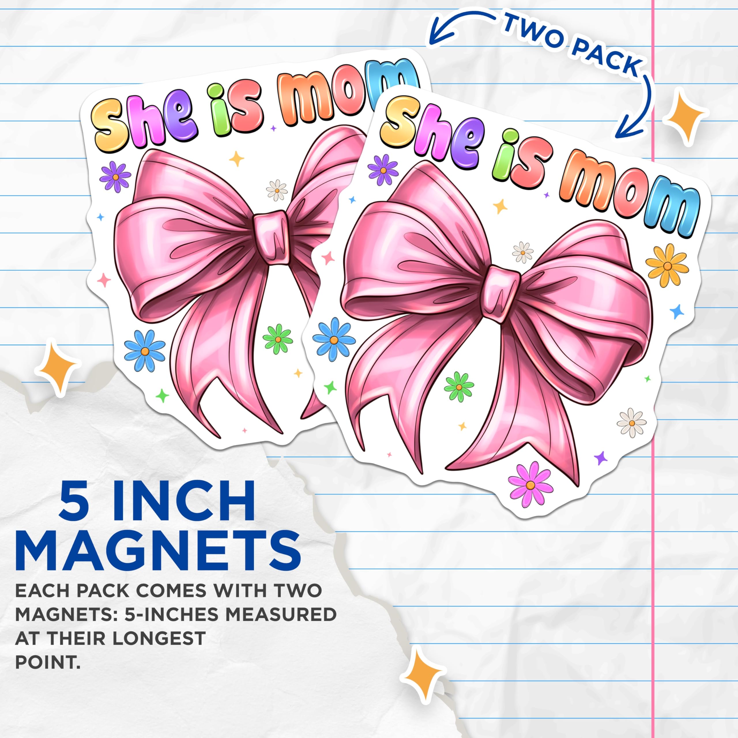 (2 Pack) She is Mom Magnets - Pink Bow Coquette Aesthetic Decor - Mother's Day Mom Birthday Celebration - 5 Inches On Longest Side - Thick Durable Magnet - Made in USA - MAG28780