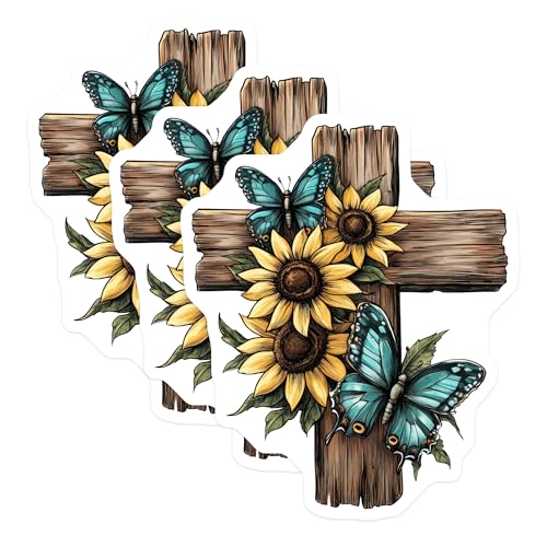 (3 Pack) Rustic Cross Decals - Butterfly and Sunflower Decal - Religious Laptop Decals - 3 Inches On Longest Side - Easy Peel & Apply - Made in USA - 3MCS7498
