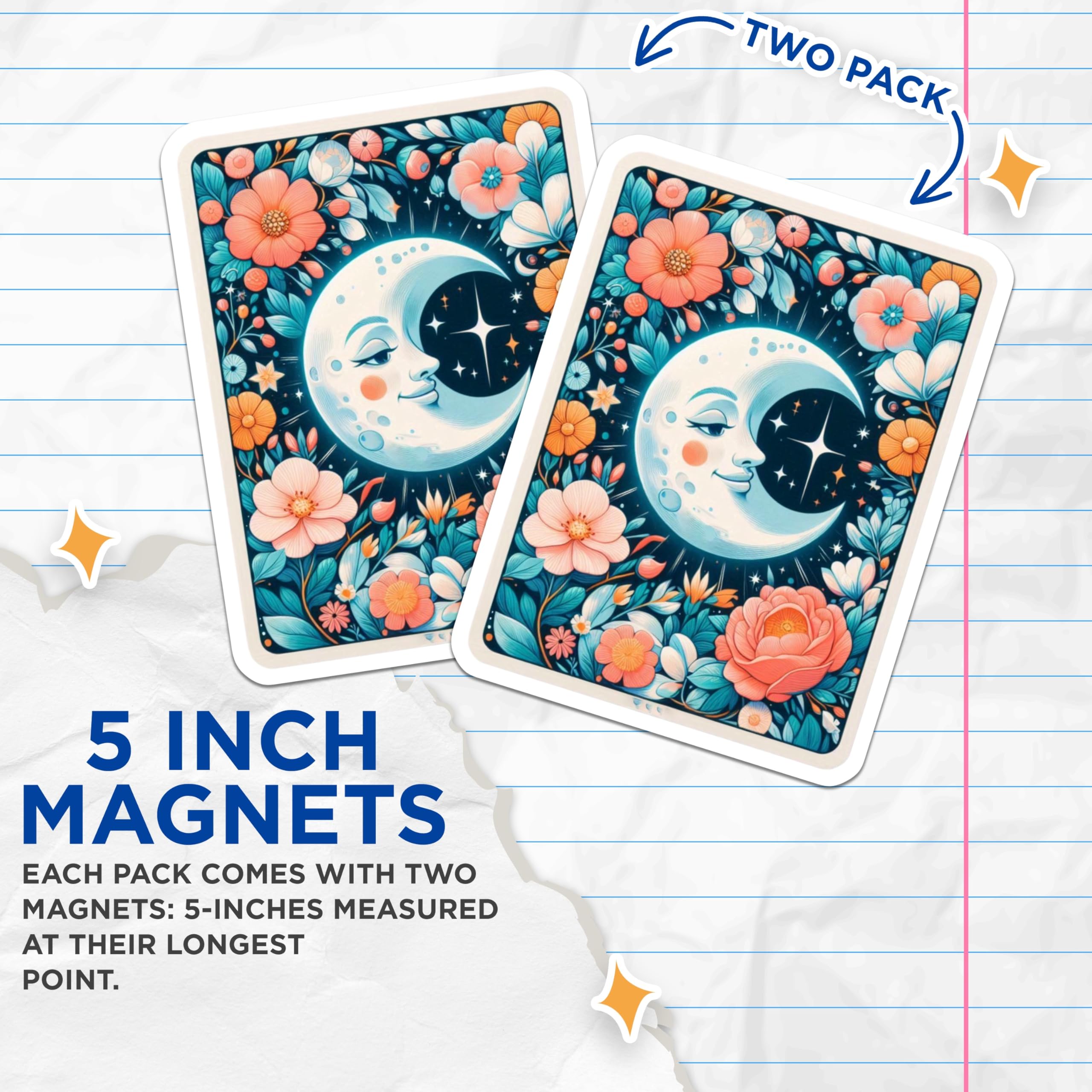 (2 Pack) Whimsical Moon Face Magnets - Celestial Floral Art Decor - Starry Night Botanical Fridge Accessories - 5 Inches On Longest Side - Thick Durable Magnet - Made in USA - MAG22302
