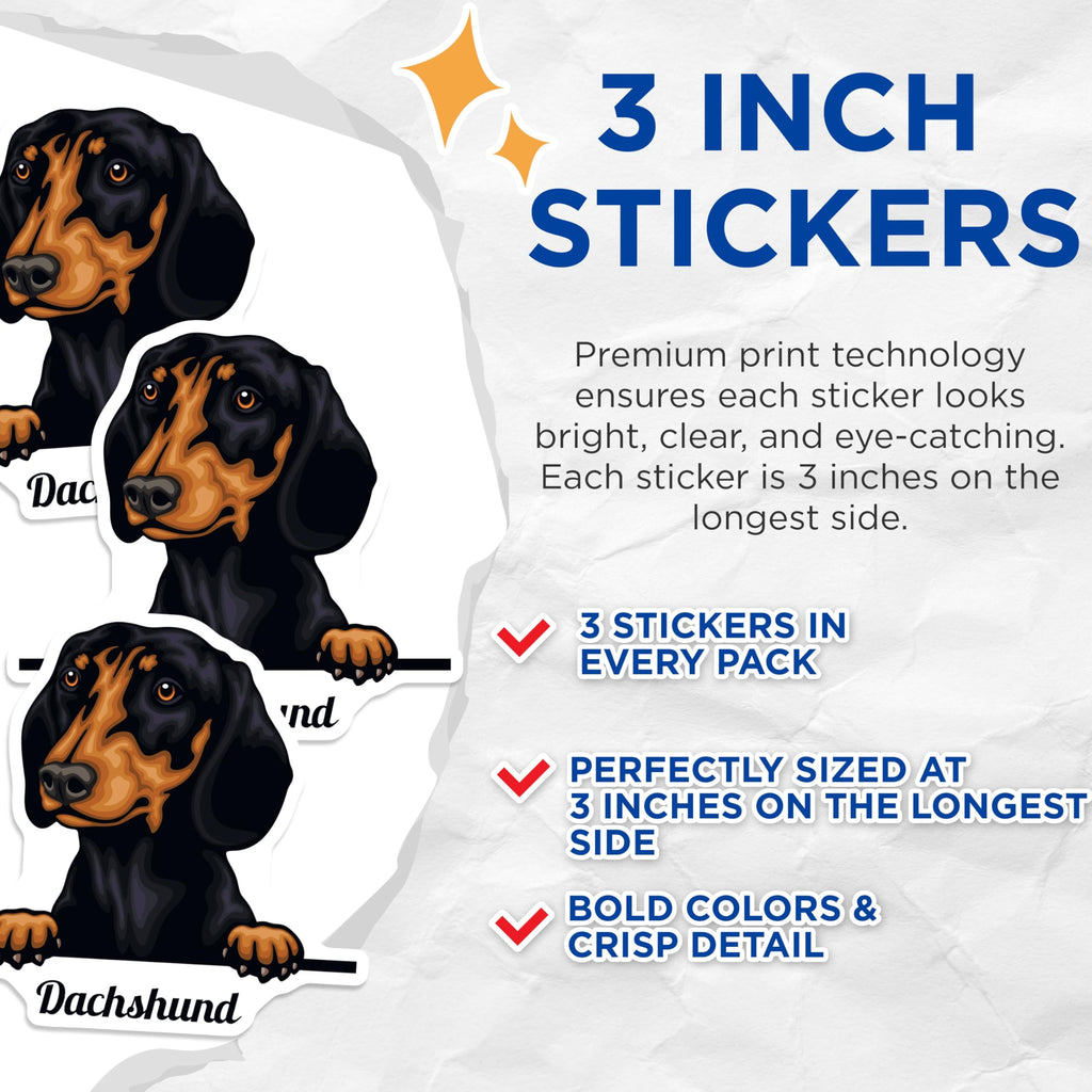 (3 Pack) Dachshund Decals - Weiner Dog - Sausage Dog - 3 Inches On Longest Side - Easy Peel & Apply - Made in USA - 3MCS2996