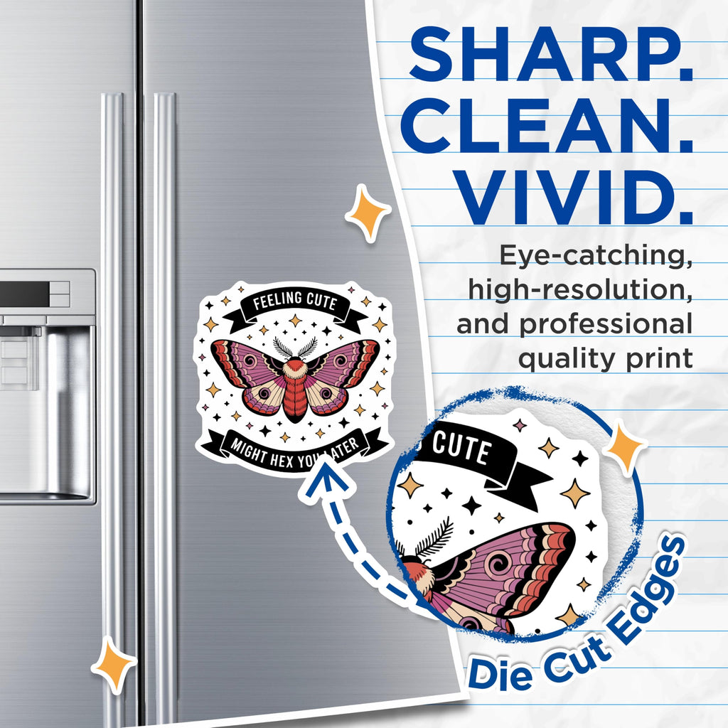 (2 Pack) Feeling Cute Hex Magnets - Moth Quote Decor - Witchy Humor Accessory - Quirky Refrigerator Art - 5 Inches On Longest Side - Thick Durable Magnet - Made in USA - MAG21306