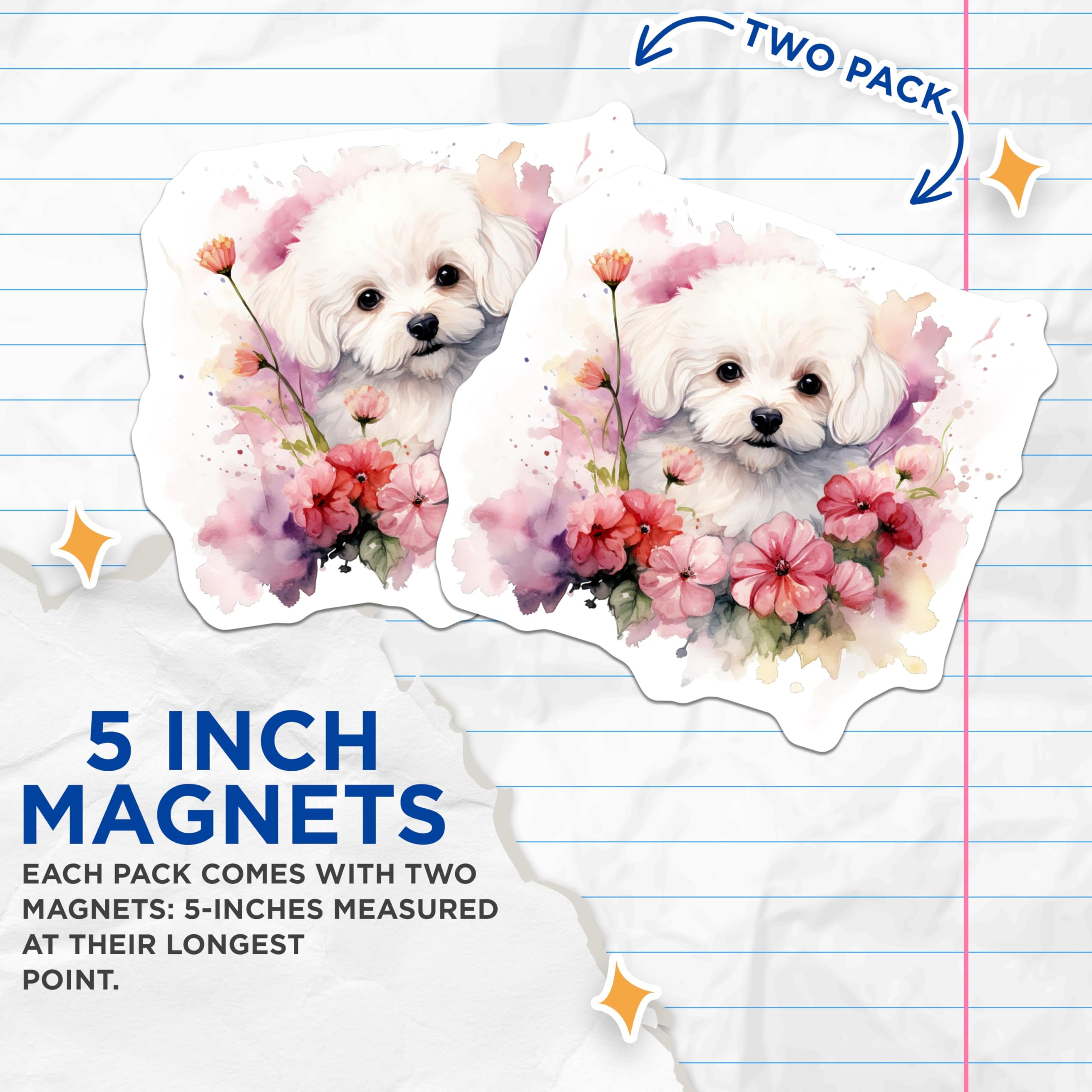 (2 Pack) Adorable Puppy Magnets - Watercolor Dog Art - Pet Lover Refrigerator Decor - 5 Inches On Longest Side - Thick Durable Magnet - Made in USA - MAG27102