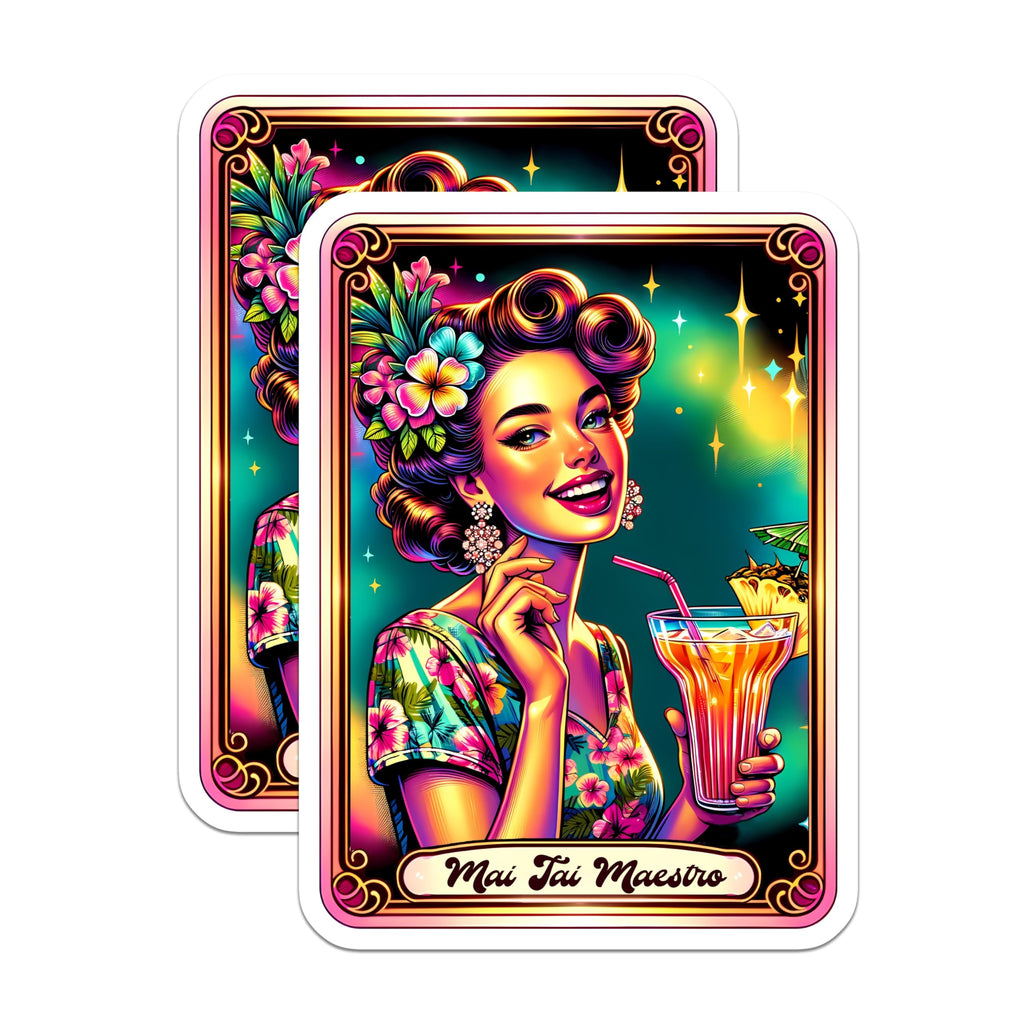 (2 Pack) Mai Tai Maestro Stickers - Pin Up Girl Art - Retro Tiki Bar Decor - 5" On Longest Side - Sticks to Smooth Flat Surfaces - Made in USA - BMCS21580