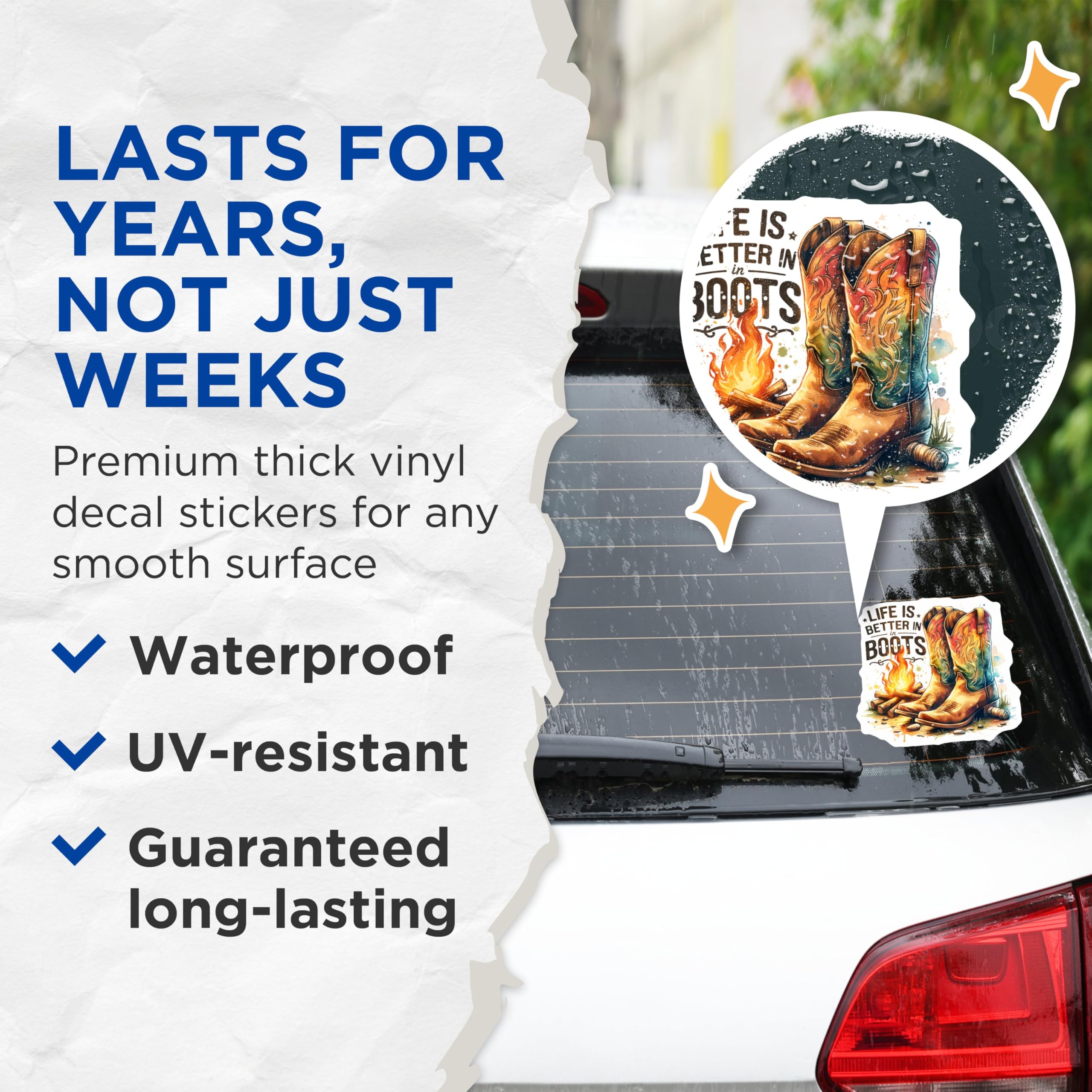 (2 Pack) Life is Better in Boots Stickers - Western Theme Decals - Cowboy Boot Art - 5" On Longest Side - Sticks to Smooth Flat Surfaces - Made in USA - BMCS7009