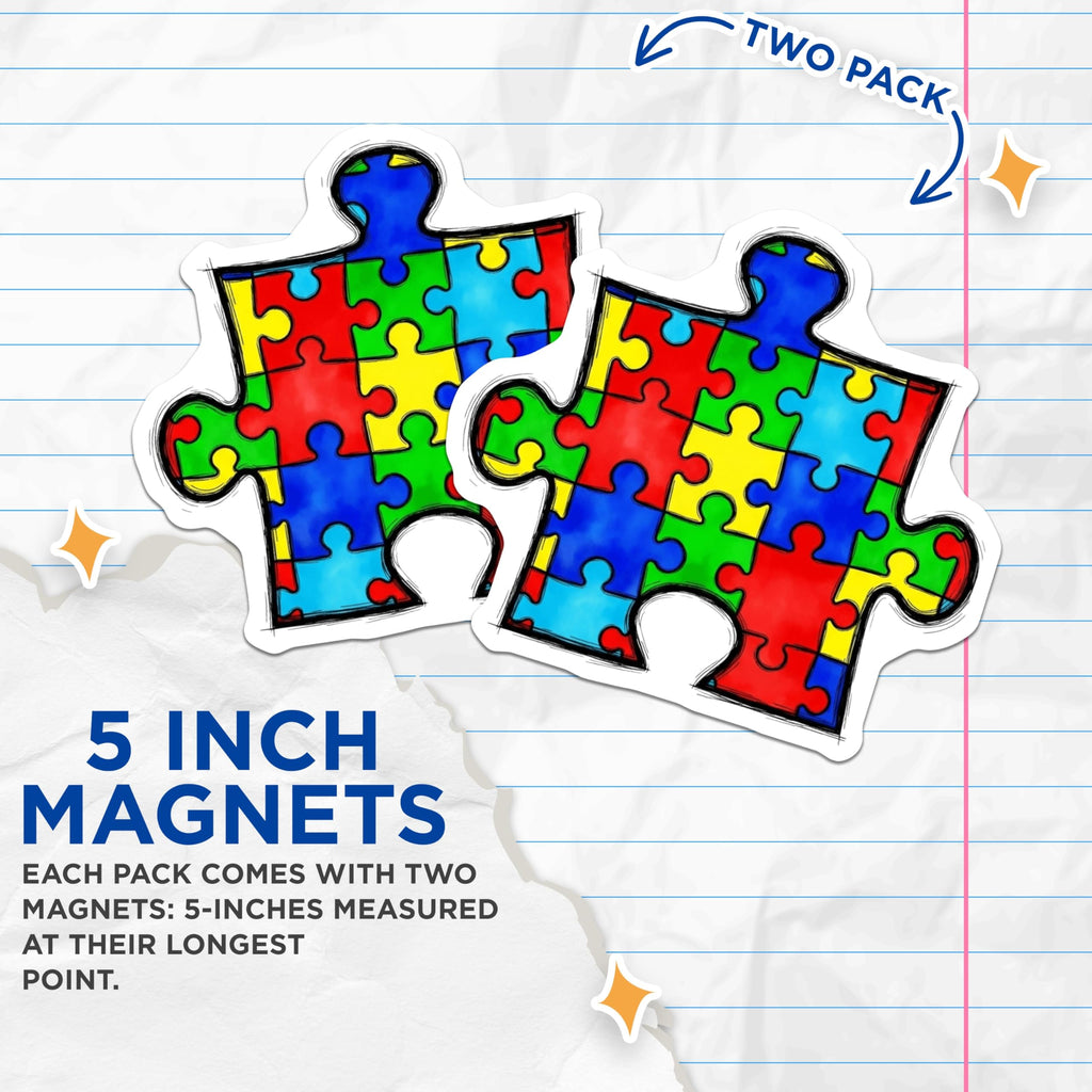 (2 Pack) Autism Awareness Puzzle Magnets - Neurodiversity Support Decor - Special Needs Inclusion Art - Fridge Car Magnets - 5 Inches On Longest Side - Thick Durable Magnet - Made in USA - MAG20395