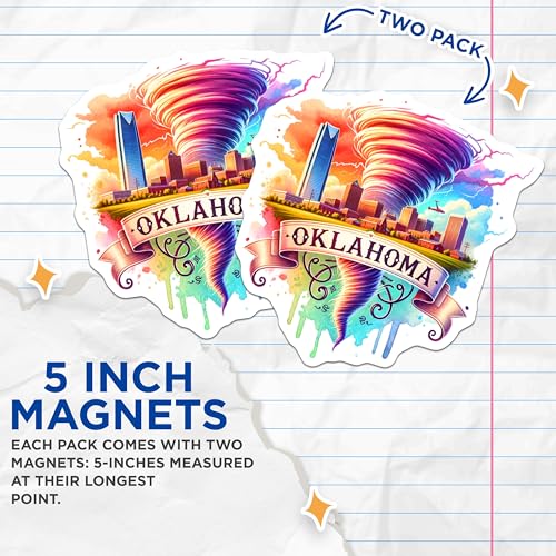 (2 Pack) Oklahoma City Vortex Magnets - Colorful Tornado Art - Unique OKC Fridge Magnets - 5" On Longest Side - for Cars, Fridges, Toolboxes - Made in USA - MAG6600
