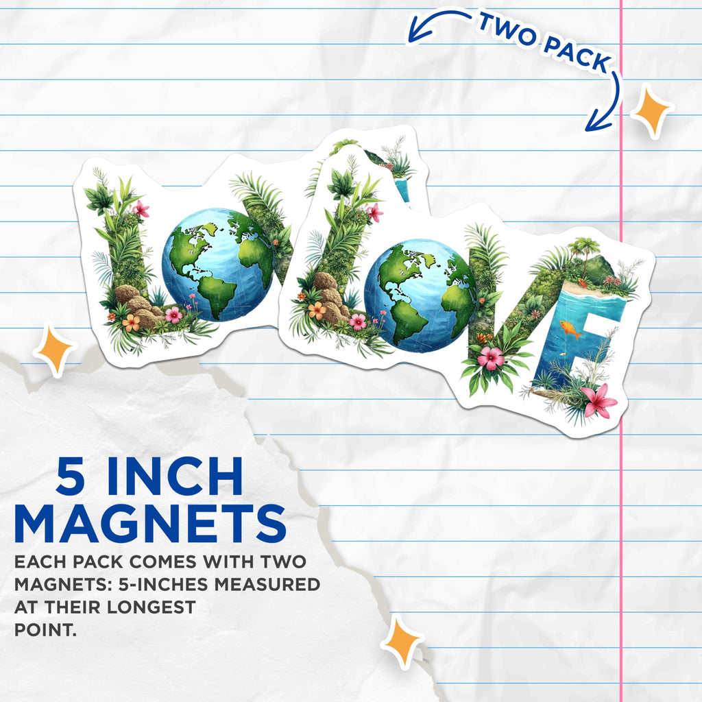 (2 Pack) Love Earth Magnets - Nature Inspired Planet Design - Environmental Art Decor - Tropical Floral Ocean Scene - 5 Inches On Longest Side - Thick Durable Magnet - Made in USA - MAG20567