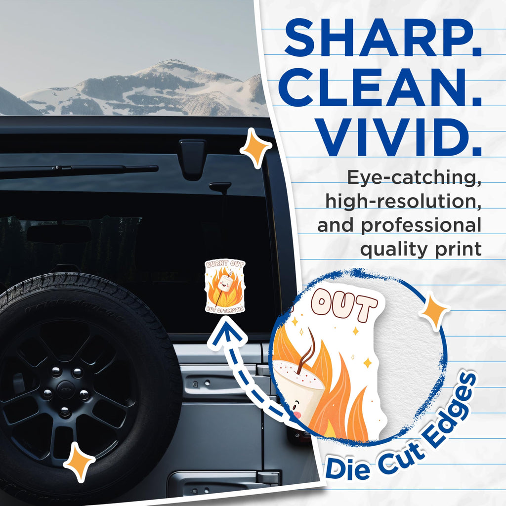(2 Pack) Burnt Out But Optimistic Stickers - Marshmallow Campfire Stickers - Cute Motivational Stickers - 5" On Longest Side - Sticks to Any Smooth Flat Surface - Made in USA - BMCS3316