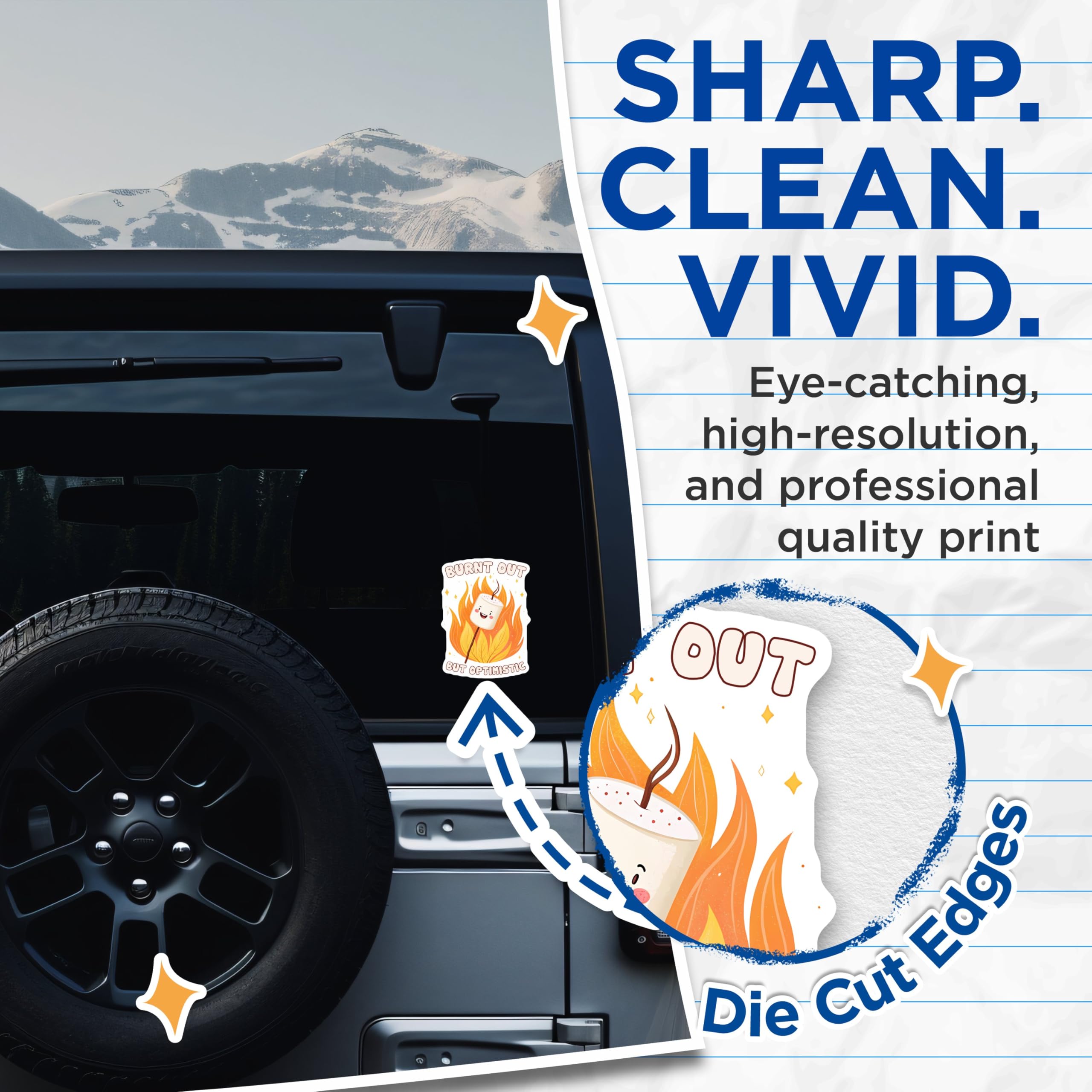 (2 Pack) Burnt Out But Optimistic Stickers - Marshmallow Campfire Stickers - Cute Motivational Stickers - 5" On Longest Side - Sticks to Any Smooth Flat Surface - Made in USA - BMCS3316