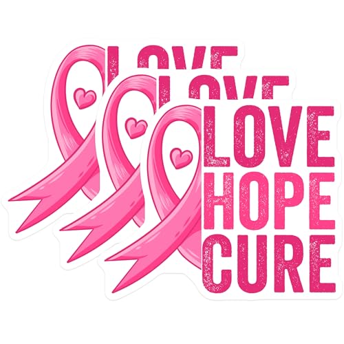 (3 Pack) Breast Cancer Awareness Decals - Love Hope Cure - Pink Ribbon Decals - 3 Inches On Longest Side - Easy Peel & Apply - Made in USA - 3MCS4564