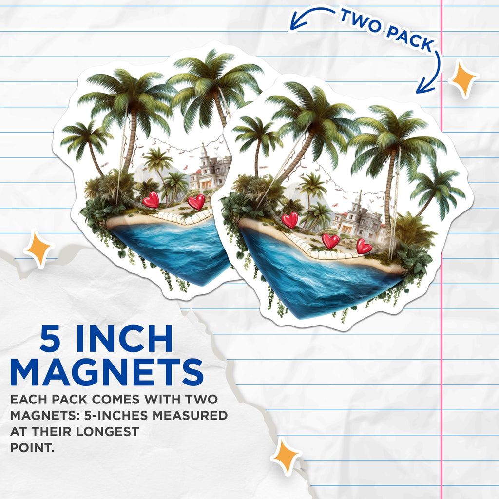 (2 Pack) Heart Island Magnets - Tropical Mansion Paradise - Palm Trees Ocean Beach Hearts Decor - 5 Inches On Longest Side - Thick Durable Magnet - Made in USA - MAG20118