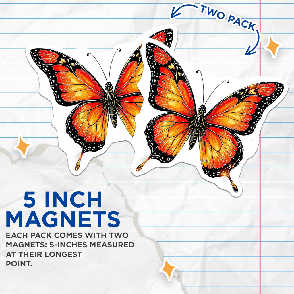 (2 Pack) Butterfly Magnets - Monarch Butterfly Illustration - Insect Fridge Magnets - 5" On Longest Side - Premium Magnet - for Cars, Refrigerators, Toolboxes, Lockers - Made in USA - MAG14289