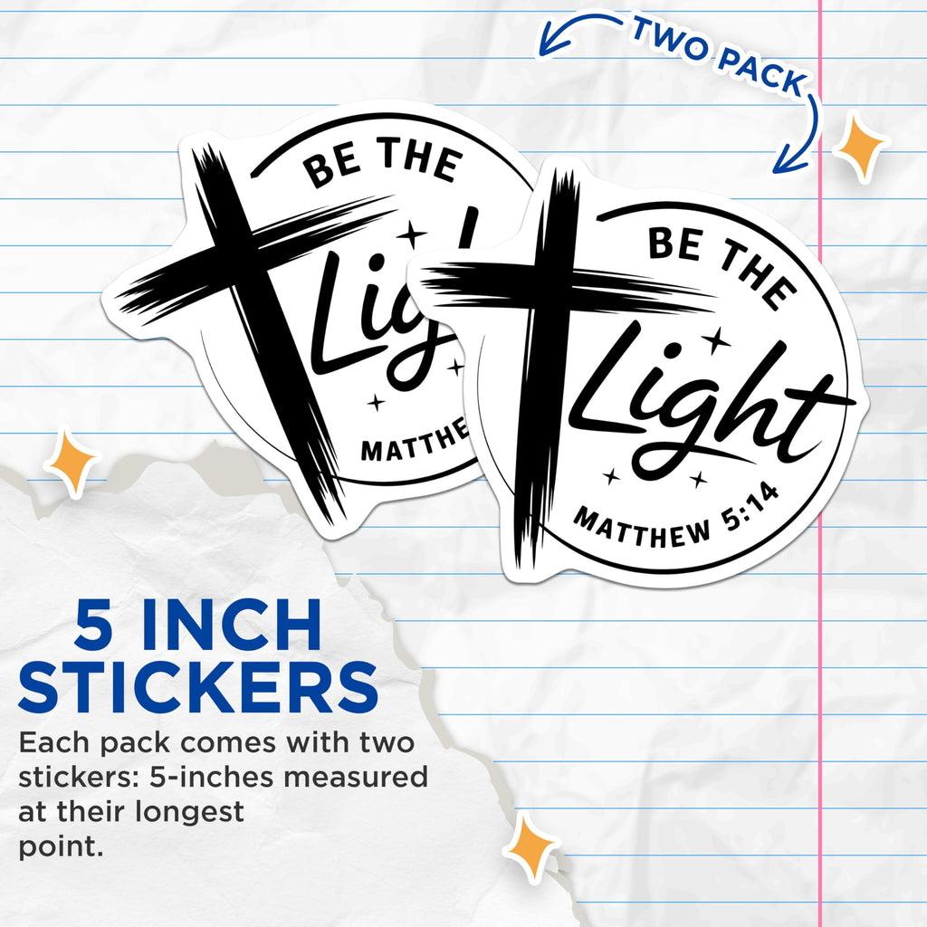 (2 Pack) Be The Light Stickers - Christian Stickers - Matthew 5 14 Stickers - 5" On Longest Side - Sticks to Smooth Flat Surfaces - Made in USA - BMCS14657