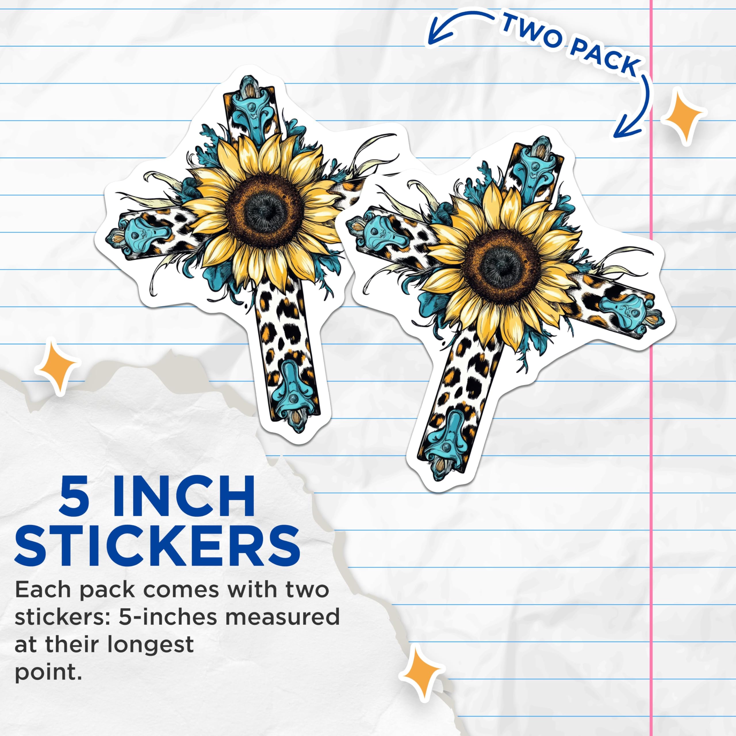 (2 Pack) Sunflower Cross Stickers - Leopard Print - Religious Floral Decal - 5" On Longest Side - Sticks to Smooth Flat Surfaces - Made in USA - BMCS8736