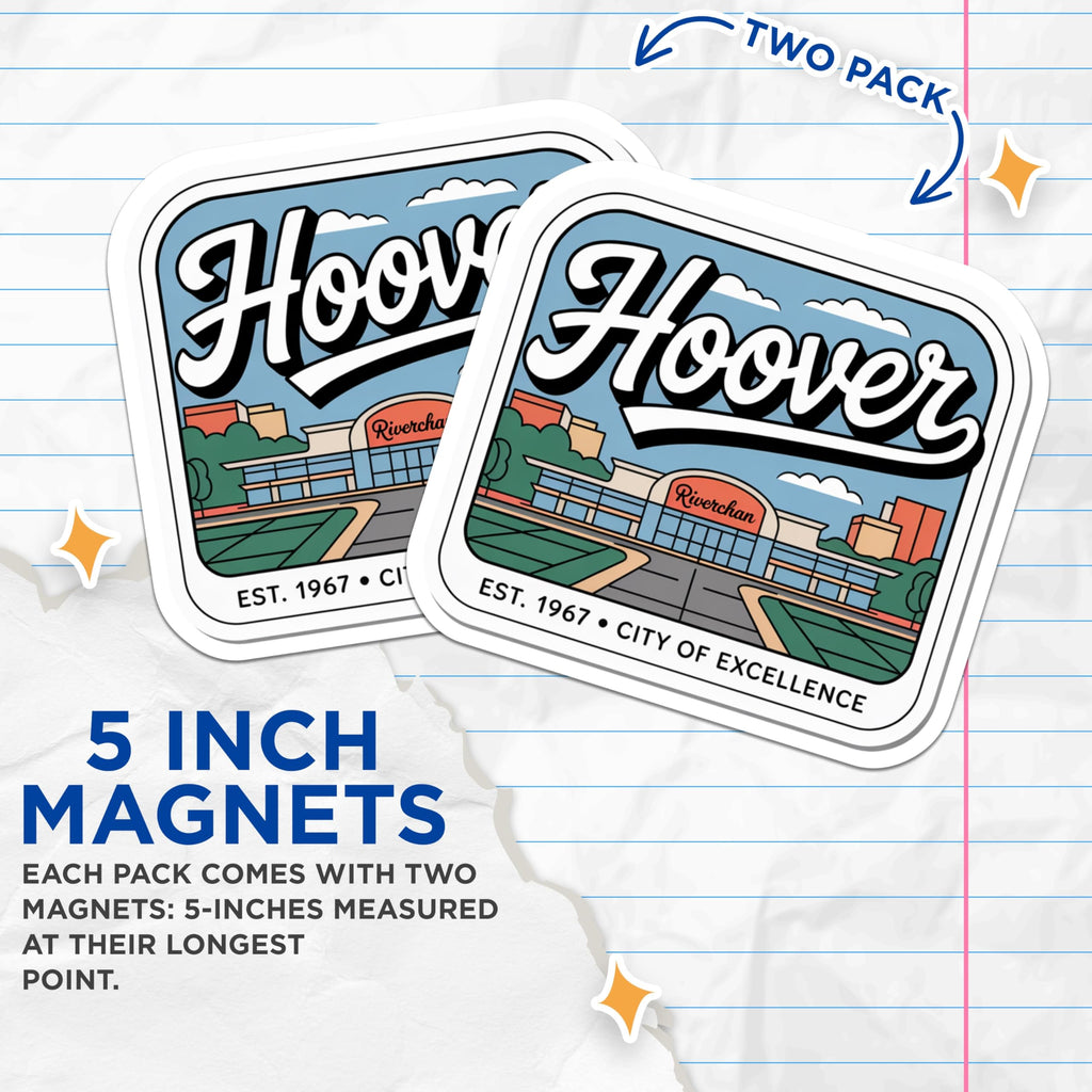 (2 Pack) Hoover Alabama Magnets - Riverchan Cityscape Art - City of Excellence Souvenirs - 5 Inches On Longest Side - Thick Durable Magnet - Made in USA - MAG19240