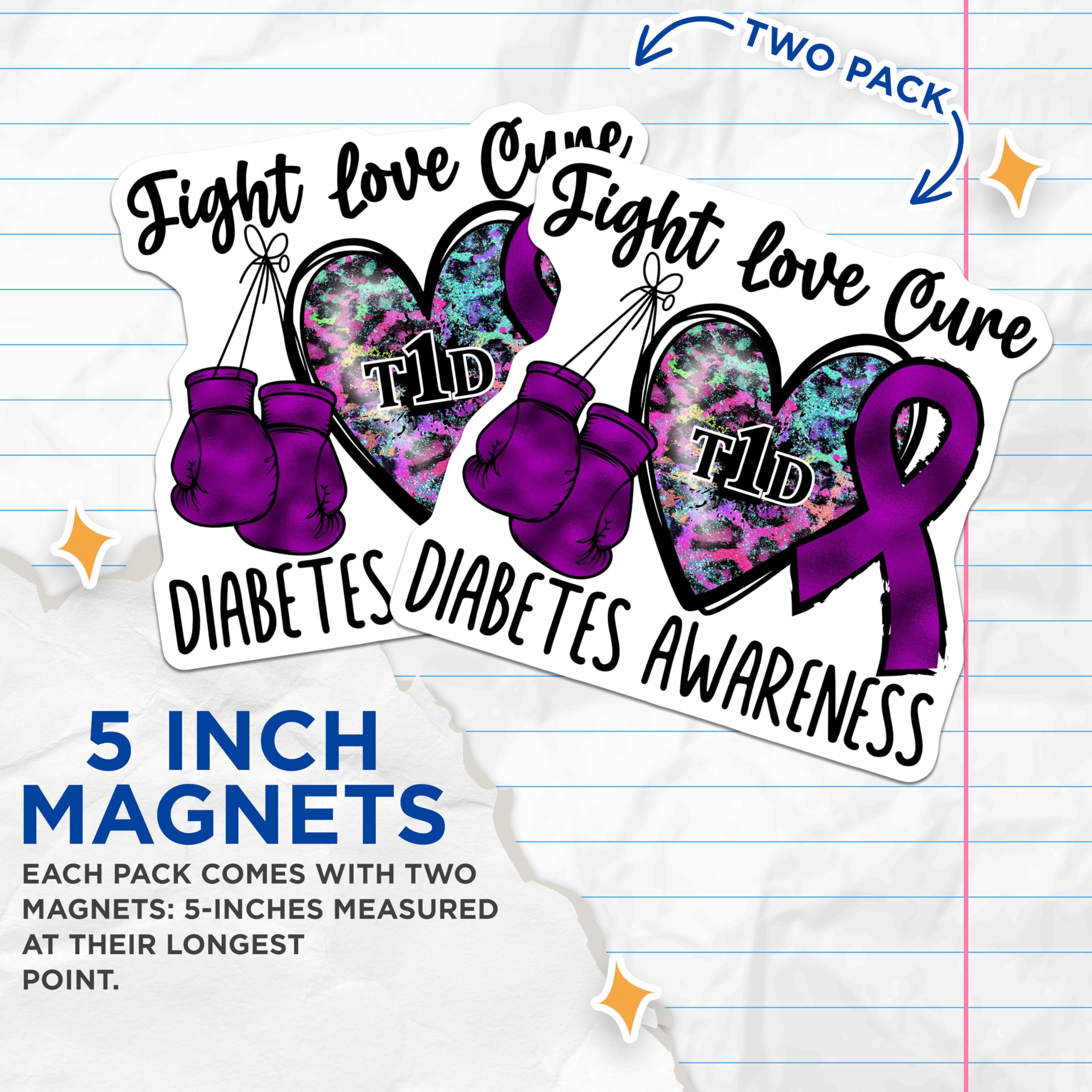 (2 Pack) Fight Love Cure Magnets - Diabetes Awareness - T1D Support - Inspirational Quote - 5" On Longest Side - for Cars, Fridges, Toolboxes - Made in USA - MAG4291