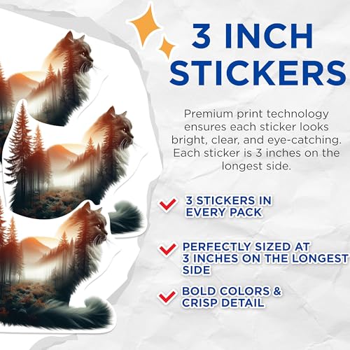(3 Pack) Cat Forest Decals - Nature Cat Design - Laptop Decal - 3 Inches On Longest Side - Easy Peel & Apply - Made in USA - 3MCS1145