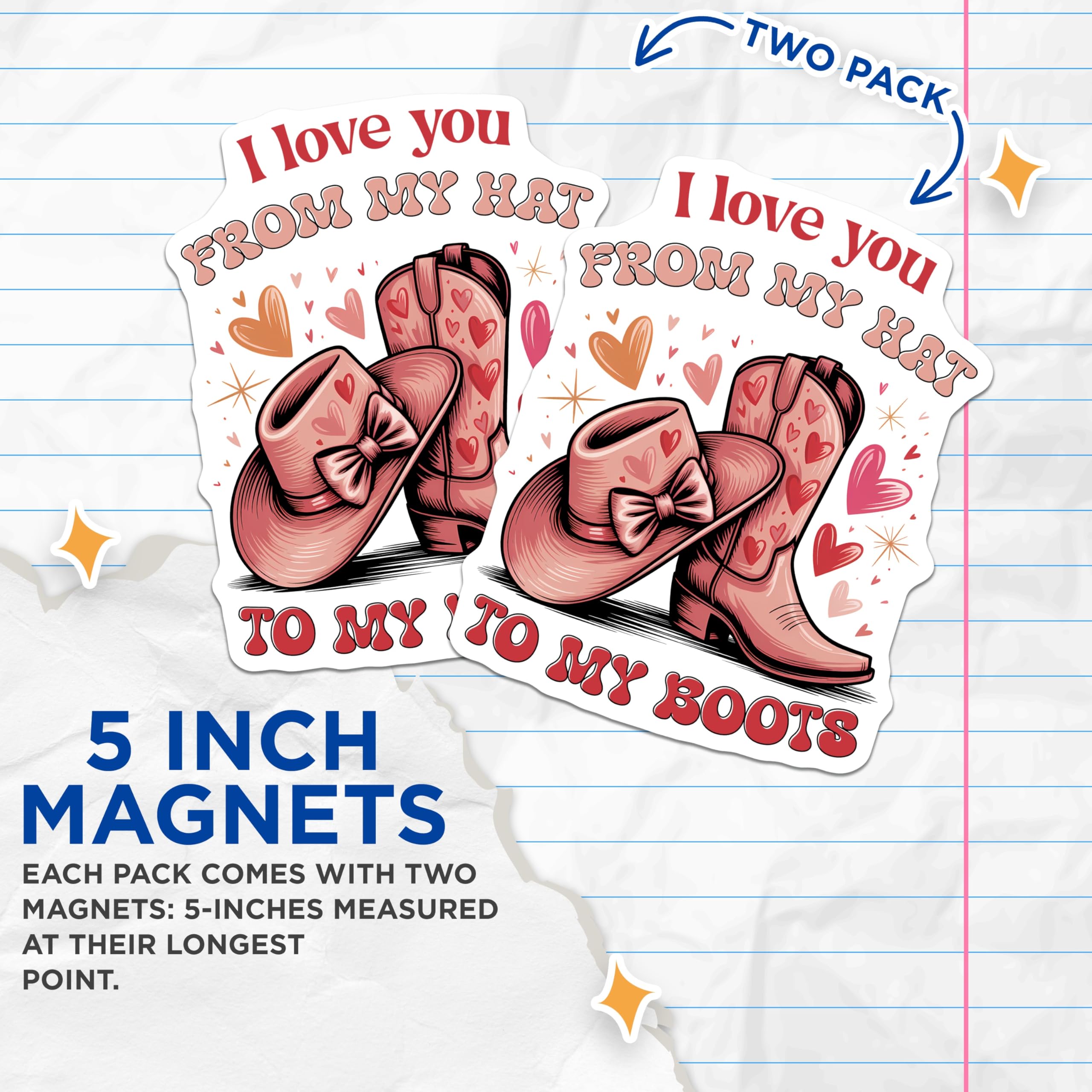 (2 Pack) Cowboy Boot Hat Magnets - I Love You from My Hat - Western Hearts Decor - 5" On Longest Side - Premium Magnet - for Cars, Refrigerators, Toolboxes, Lockers - Made in USA - MAG15267